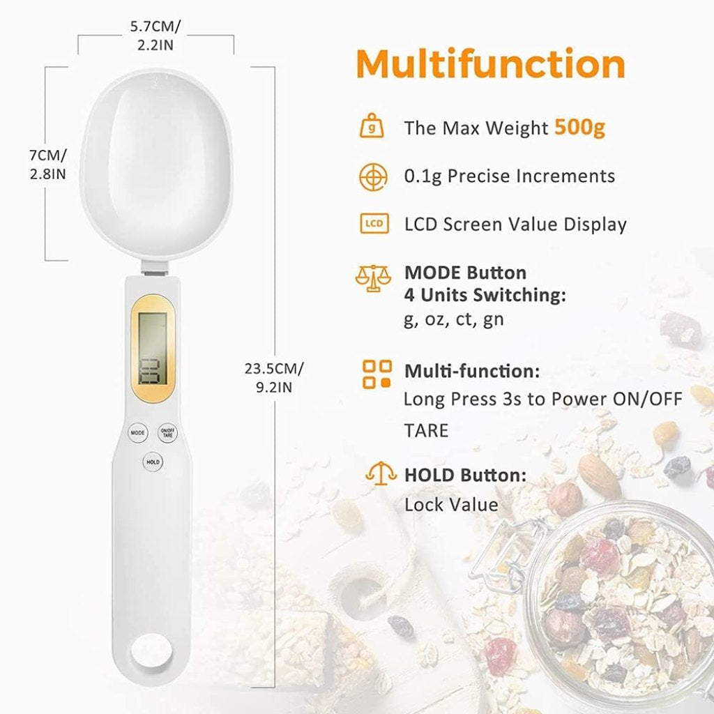 Digital electronic spice spoon by FIZZI SHOP showing a sleek black digital measuring spoon with a 500 gm capacity.