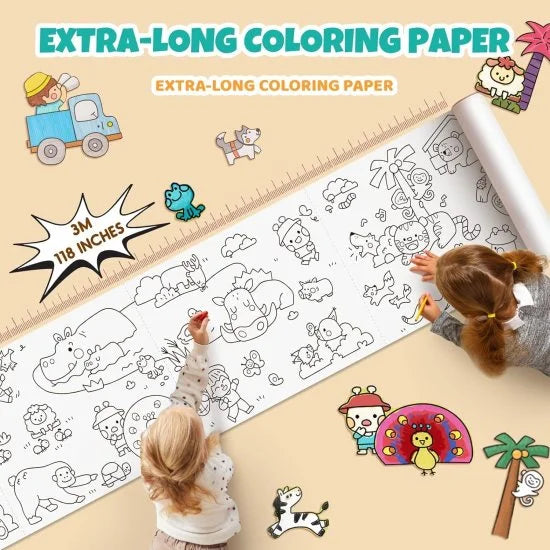 Drawing and painting paper roll for kids by FIZZI SHOP, blue and white paper with colorful artwork and sketch marks.