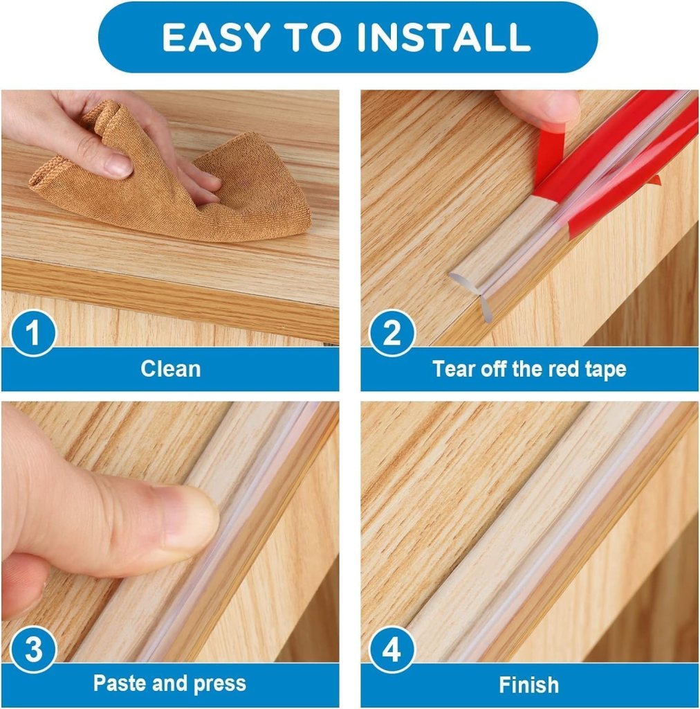 Transparent silicone edge corner protector tape by FIZZI SHOP, showing flexible, clear material protecting furniture corners.