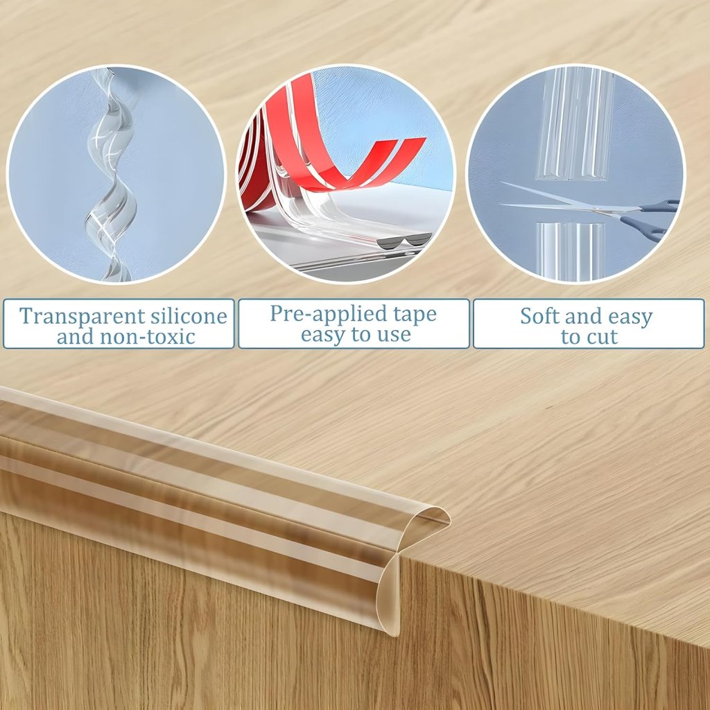 Transparent silicone edge corner protector tape by FIZZI SHOP, showing flexible, clear cushion for safeguarding furniture corners.