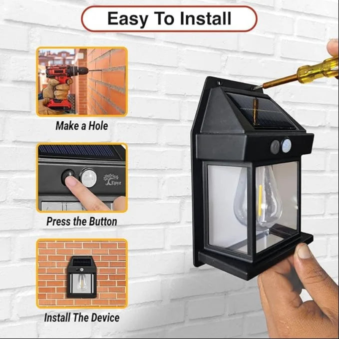 FIZZI SHOP solar wall bulb lamp mounted outdoors, providing bright, energy-efficient lighting for exterior walls.