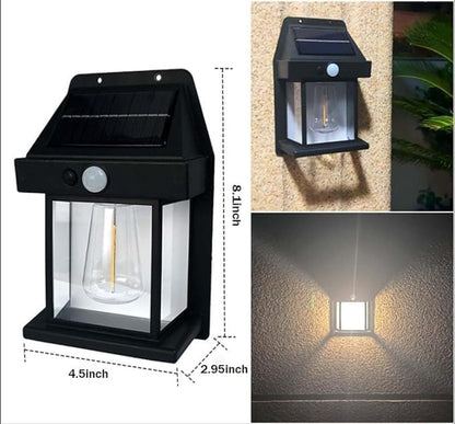 FIZZI SHOP solar wall bulb lamp mounted on outdoor wall, illuminating with warm light and energy-efficient solar power.