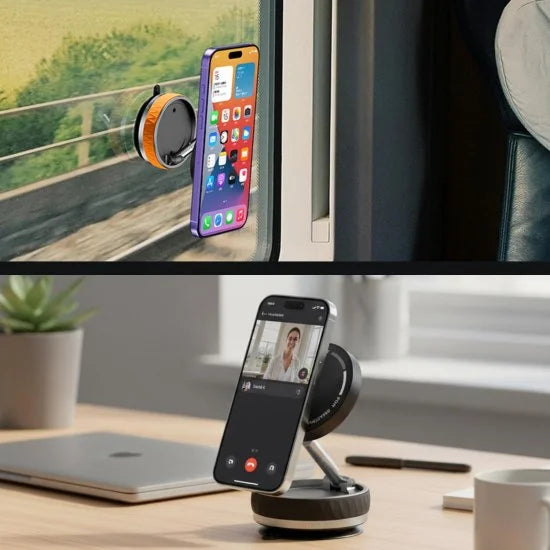 FIZZI SHOP vacuum magnetic phone holder and mobile stand with a sleek design, mounted on a surface for hands-free viewing.