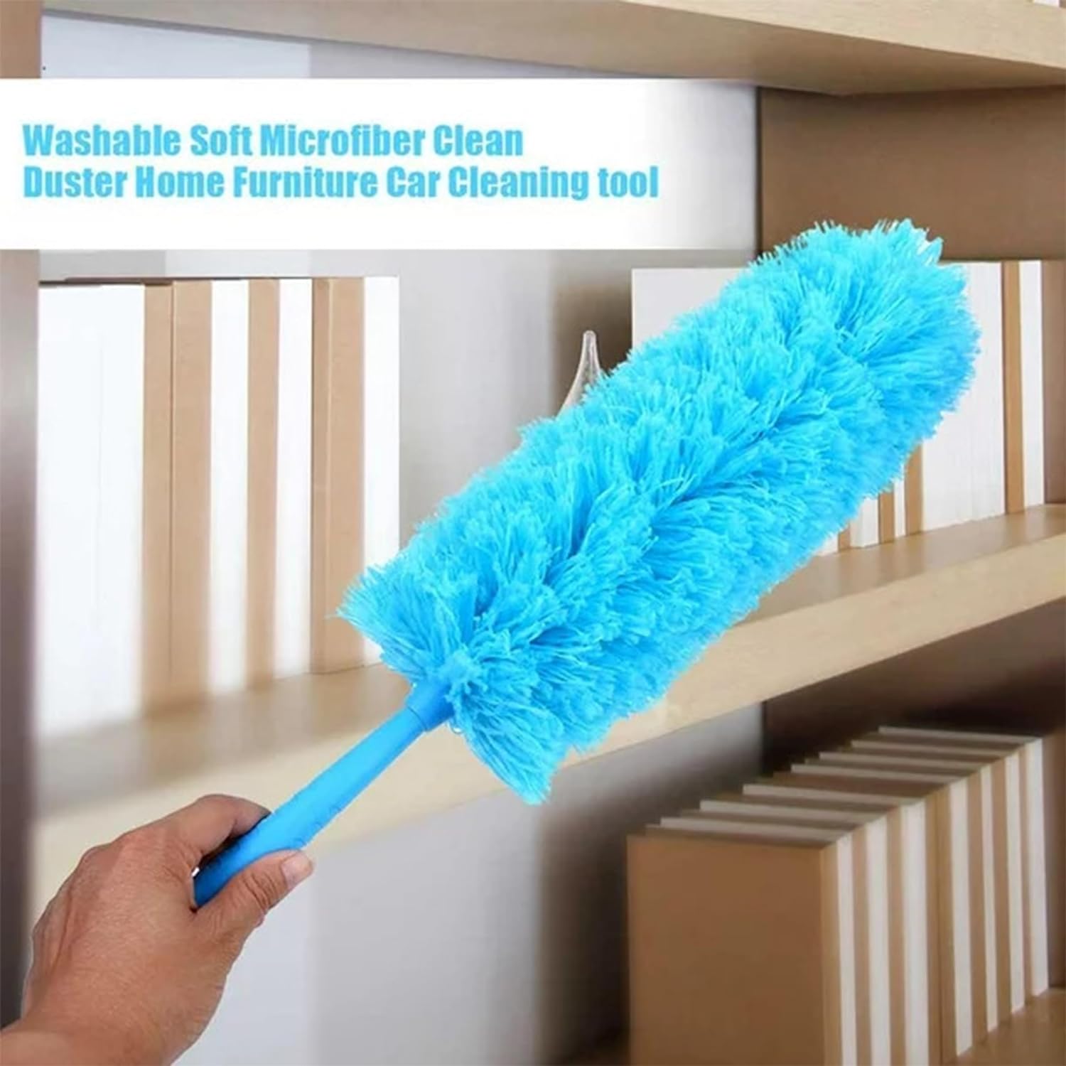 Blue FIZZI SHOP microfiber fan cleaning duster for home and car, soft dust cleaner for walls and surfaces.