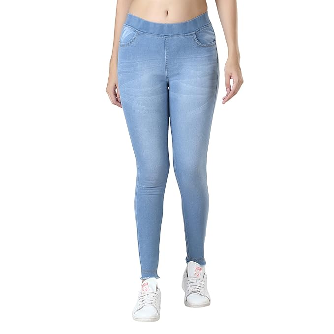 Blue stretchable high-rise denim jeggings by FIZZI SHOP, featuring a fitted design and classic blue denim fabric.