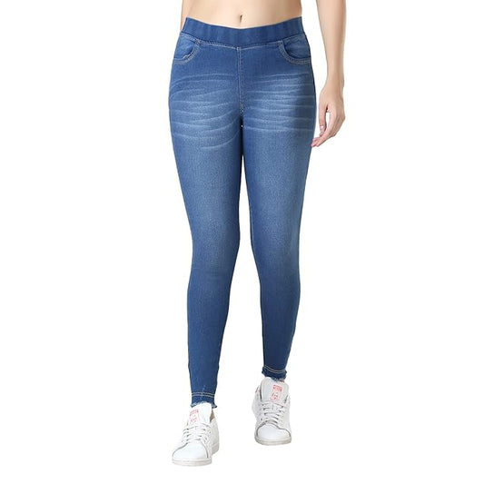 Blue stretchable high-rise denim jeggings from FIZZI SHOP, featuring a trendy fit and comfortable lycra material.