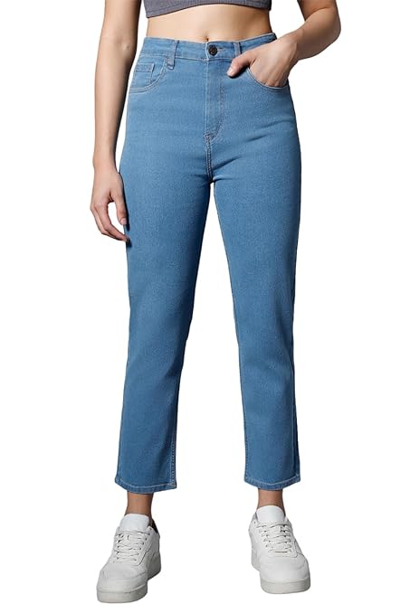 Blue stretchable women’s jeggings from FIZZI SHOP featuring a straight fit and denim look.