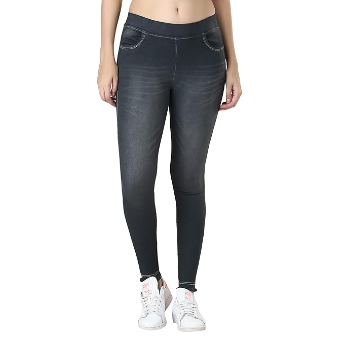 Stretchable high-rise grey denim jeggings by FIZZI SHOP, showcasing the fitted design and elastic waistband.