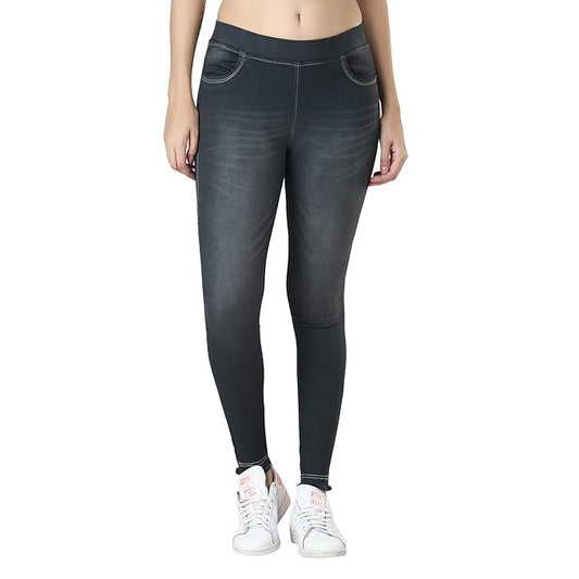 Stretchable high-rise grey denim jeggings by FIZZI SHOP, showcasing the fitted design and elastic waistband.