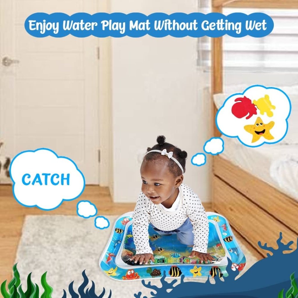 FIZZI SHOP JK SIDHU baby play water mat with colorful floating toys and soft surface for tummy time and sensory play.