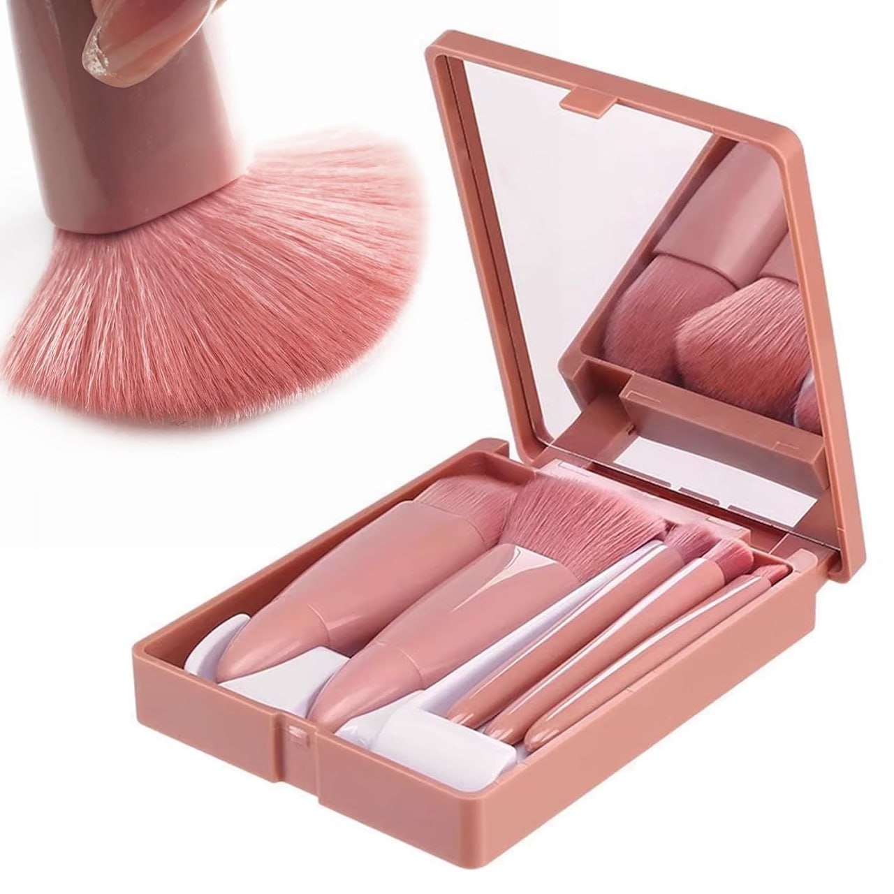 Set of makeup brushes with a mirror case from FIZZI SHOP JK SIDHU, featuring various brush types for makeup application.