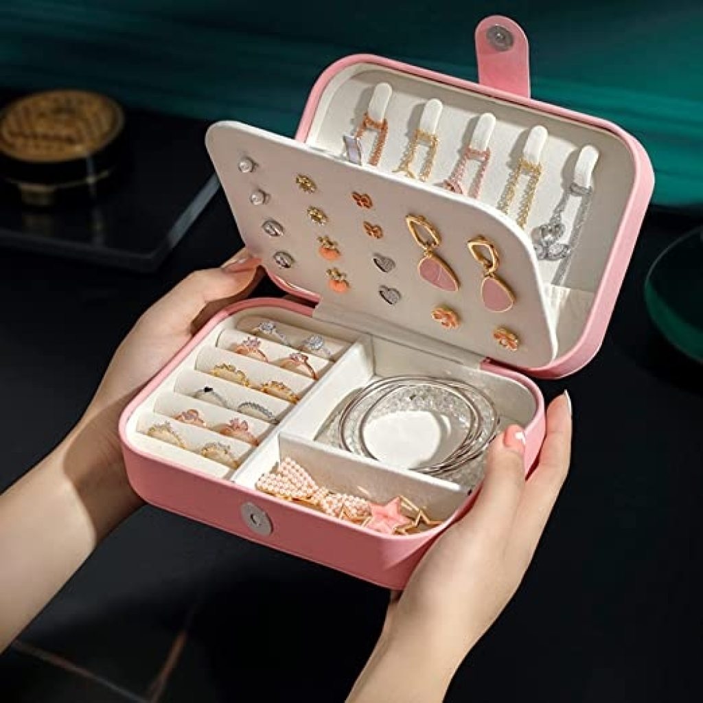 FIZZI SHOP JK SIDHU PU Big Jewellery Box with multiple compartments for organizing necklaces, earrings, and rings.
