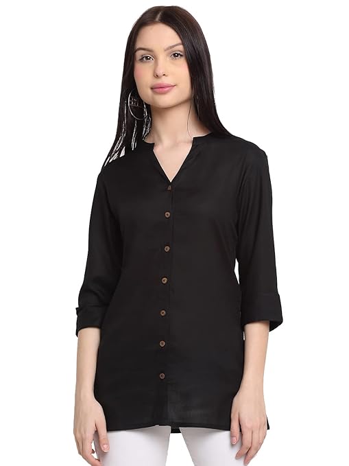 Black women's rayon solid top kurti from FIZZI SHOP, showcasing a comfortable, stylish kurta with a simple, elegant design.