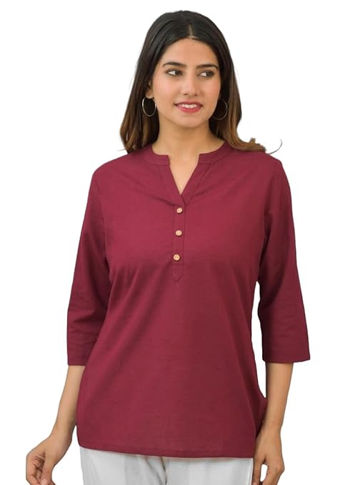Red women's cotton short-length kurta from FIZZI SHOP, featuring a stylish and comfortable design with traditional embroidery.