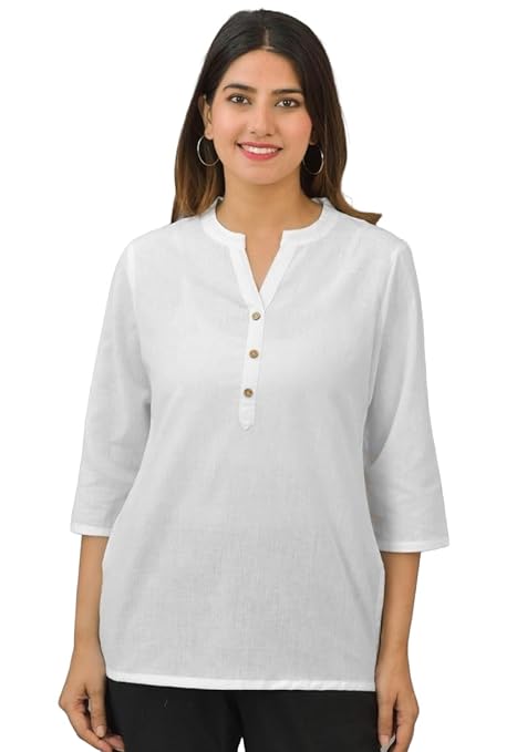 White women's cotton short-length kurti by FIZZI SHOP, casual kurta with simple design and comfortable fit.