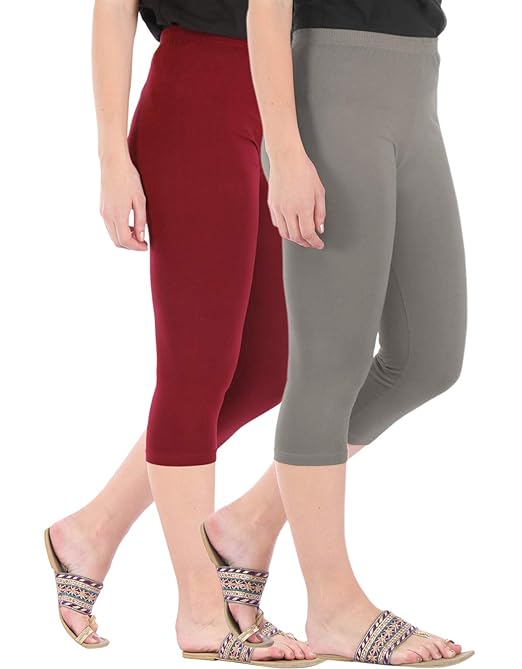 Pair of FIZZI SHOP skinny fit 3/4 capris leggings in a multi-cotton combo pack, showing the stretchy fabric and slim fit design.