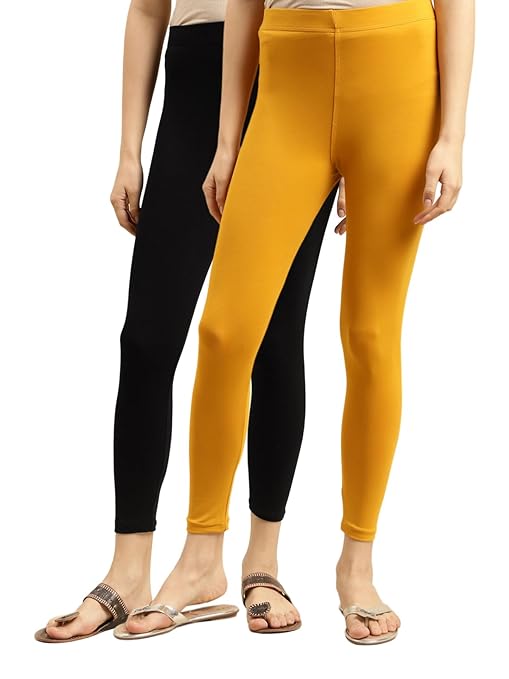Pair of women's cotton ankle-length leggings in a multi-color pattern from FIZZI SHOP, made from soft, breathable fabric.