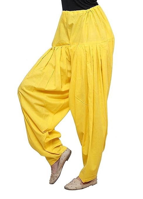 Yellow cotton Patiala Salwar for women, plain and free-size, from FIZZI SHOP, showcasing the comfortable traditional style.