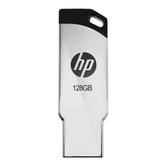 Silver HP v236W 128 GB USB pen drive with FIZZI SHOP branding, compact and lightweight for easy data transfer.
