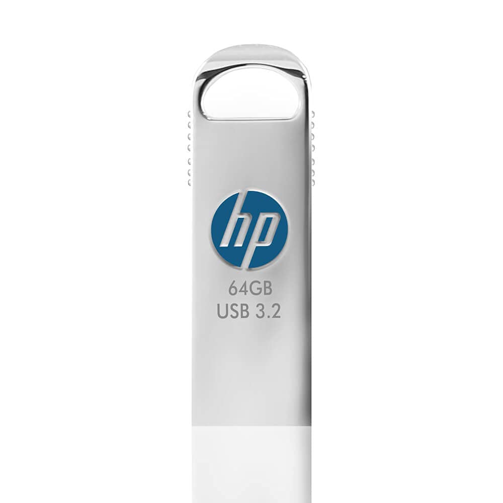Silver HP x306w 64GB pen drive, USB flash drive with sleek design for portable data storage.
