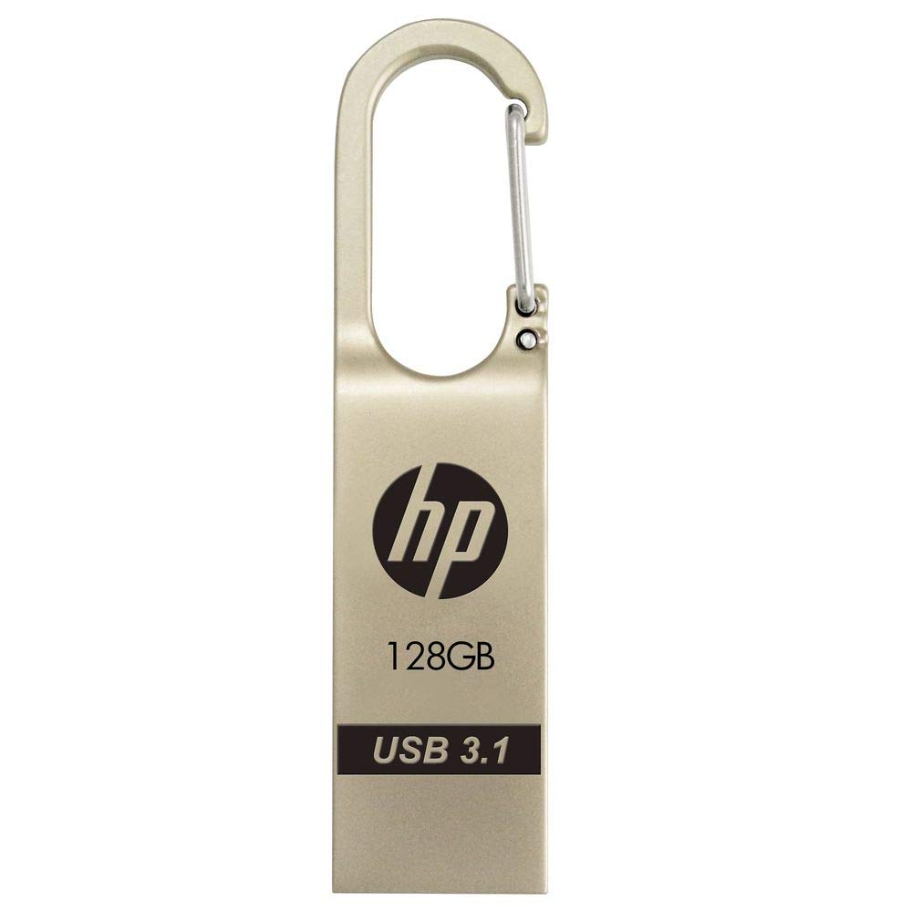 HP X760W 128GB pen drive in gold and silver, compact USB storage device by FIZZI SHOP with sleek design.