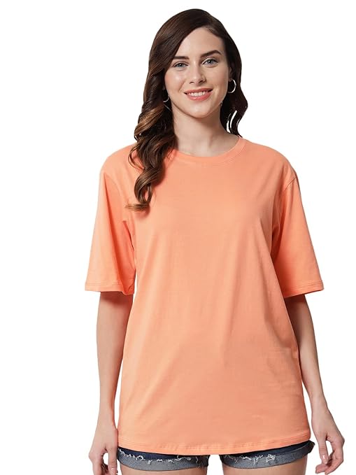 Peach oversized cotton T-shirt with round neck by FIZZI SHOP, casual fit, soft fabric, displayed on a neutral background.