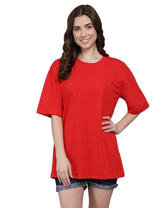 Red casual oversized round neck T-shirt by FIZZI SHOP, made of cotton blend, displayed flat with short sleeves and relaxed fit.
