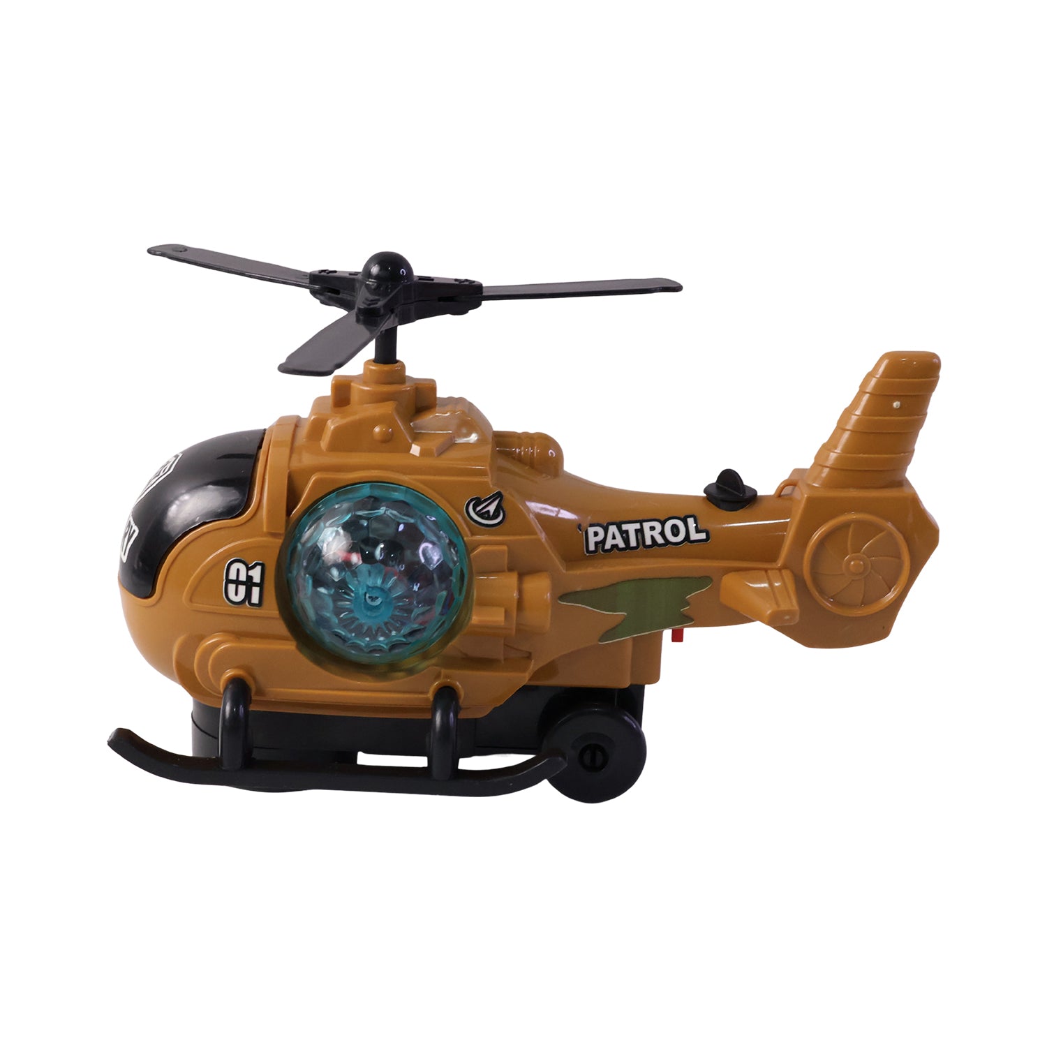 Wukusy military spray helicopter toy for kids with lights, music, and mist, featuring bump and go action in a colorful design