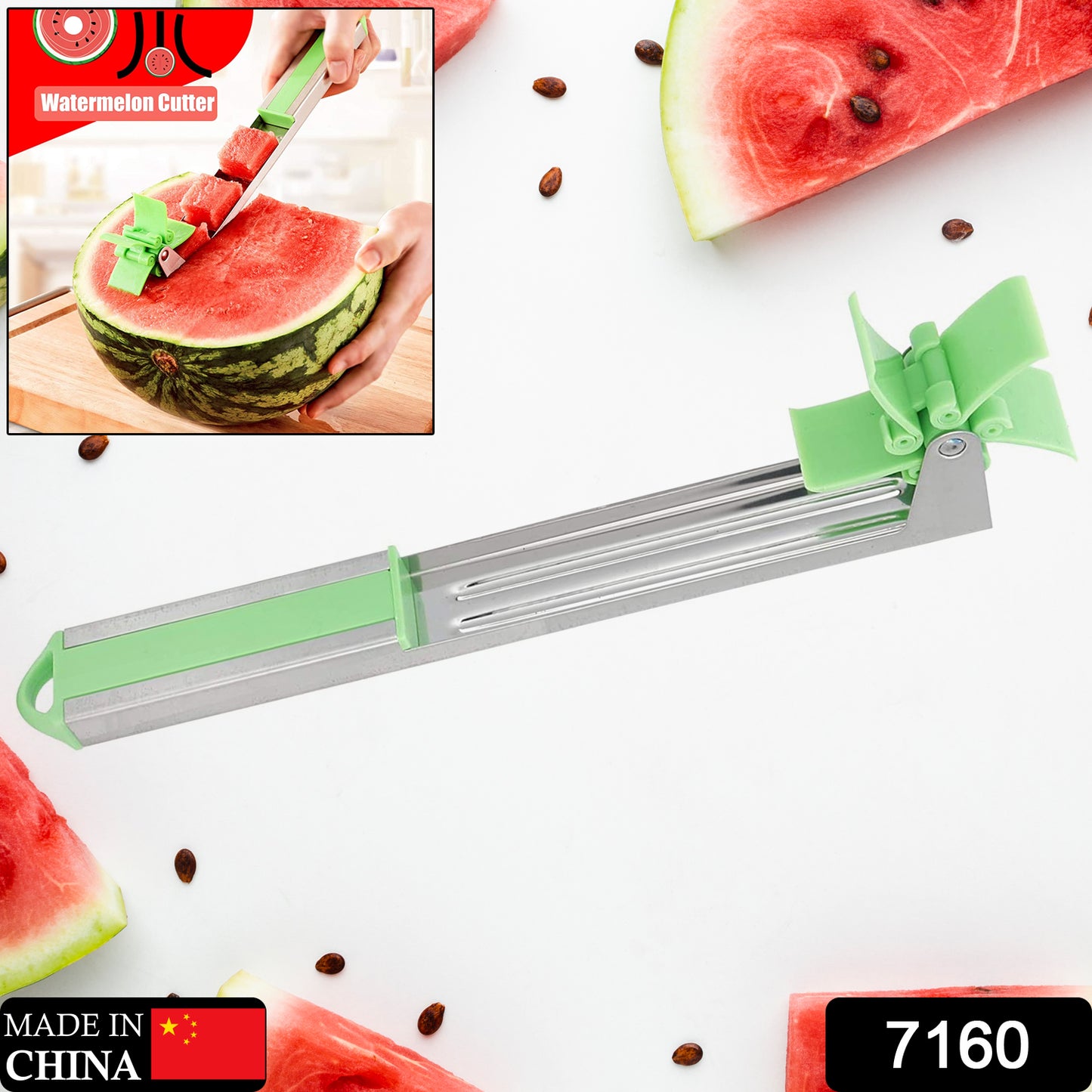 Wukusy 7160 stainless steel watermelon cutter and slicer with windmill design, washable kitchen tool for easy watermelon peeling and cutting.