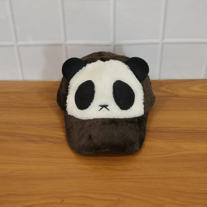 Wukusy cute panda design plush winter cap showing a soft, cozy black and white panda face with ear details.