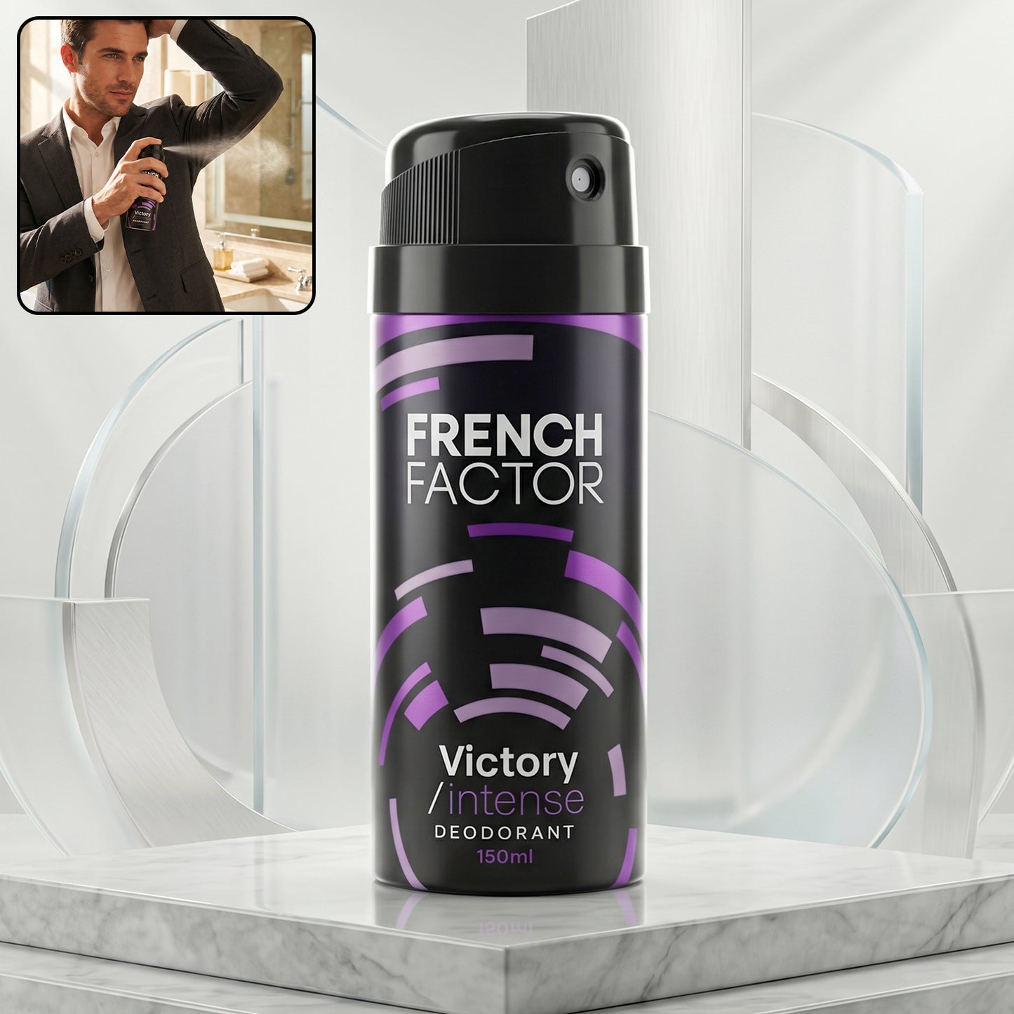Wukusy French Factor Victory Intense deodorant body spray bottle, 150ml, with sleek design and branding visible.