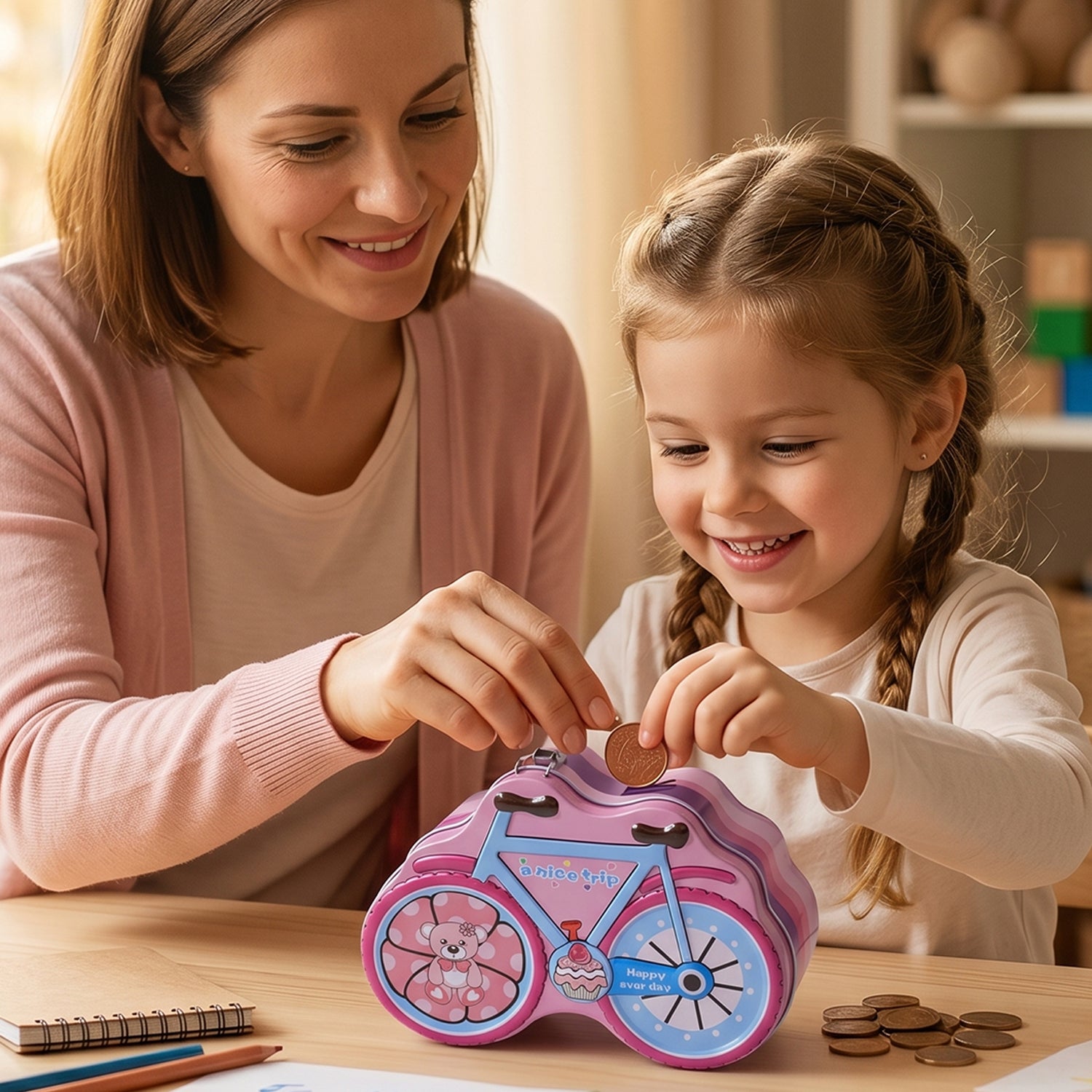 Wukusy bicycle-shaped piggy bank with lock and key, featuring a detailed bicycle design for saving coins securely.