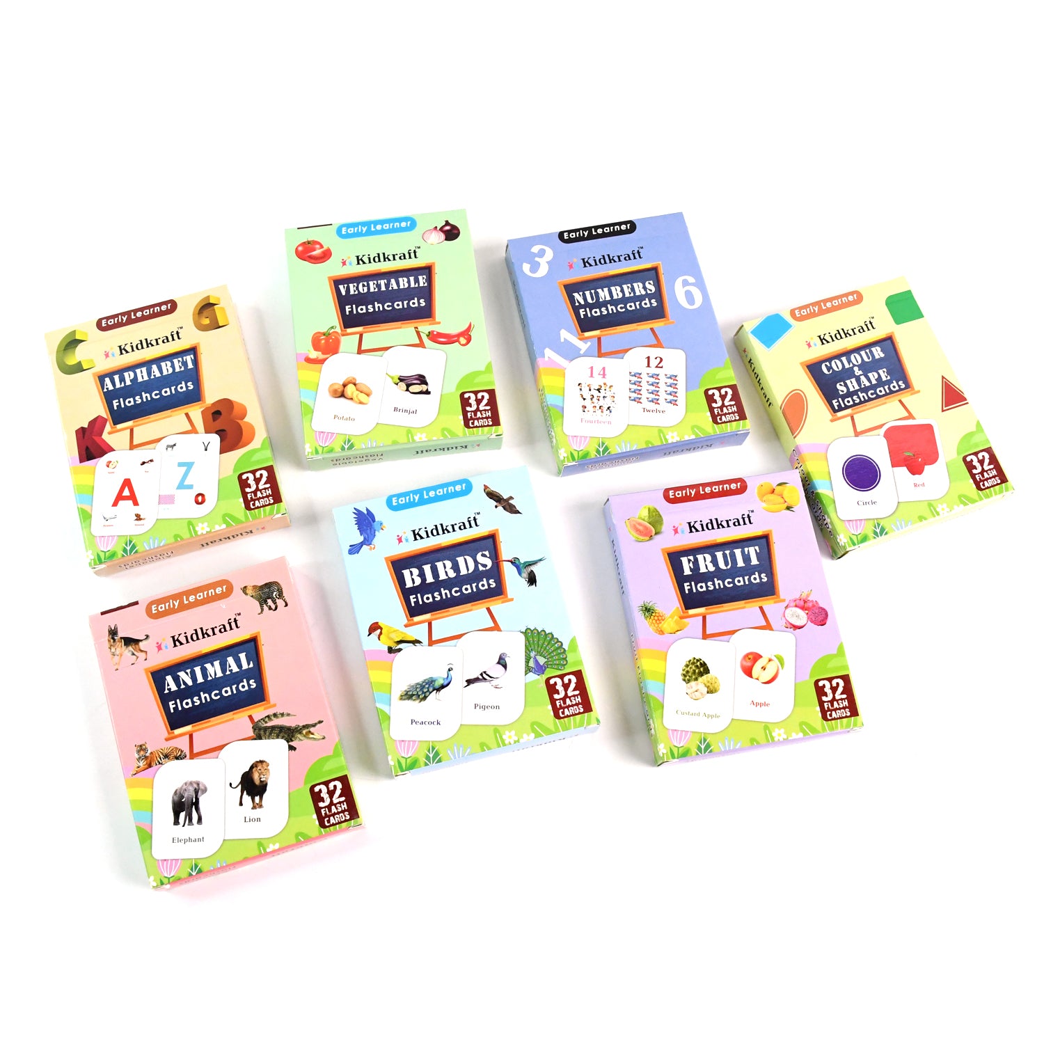 Wukusy 7-in-1 Kidkraft early learner flashcard set featuring 224 colorful educational cards for kids' learning activities.