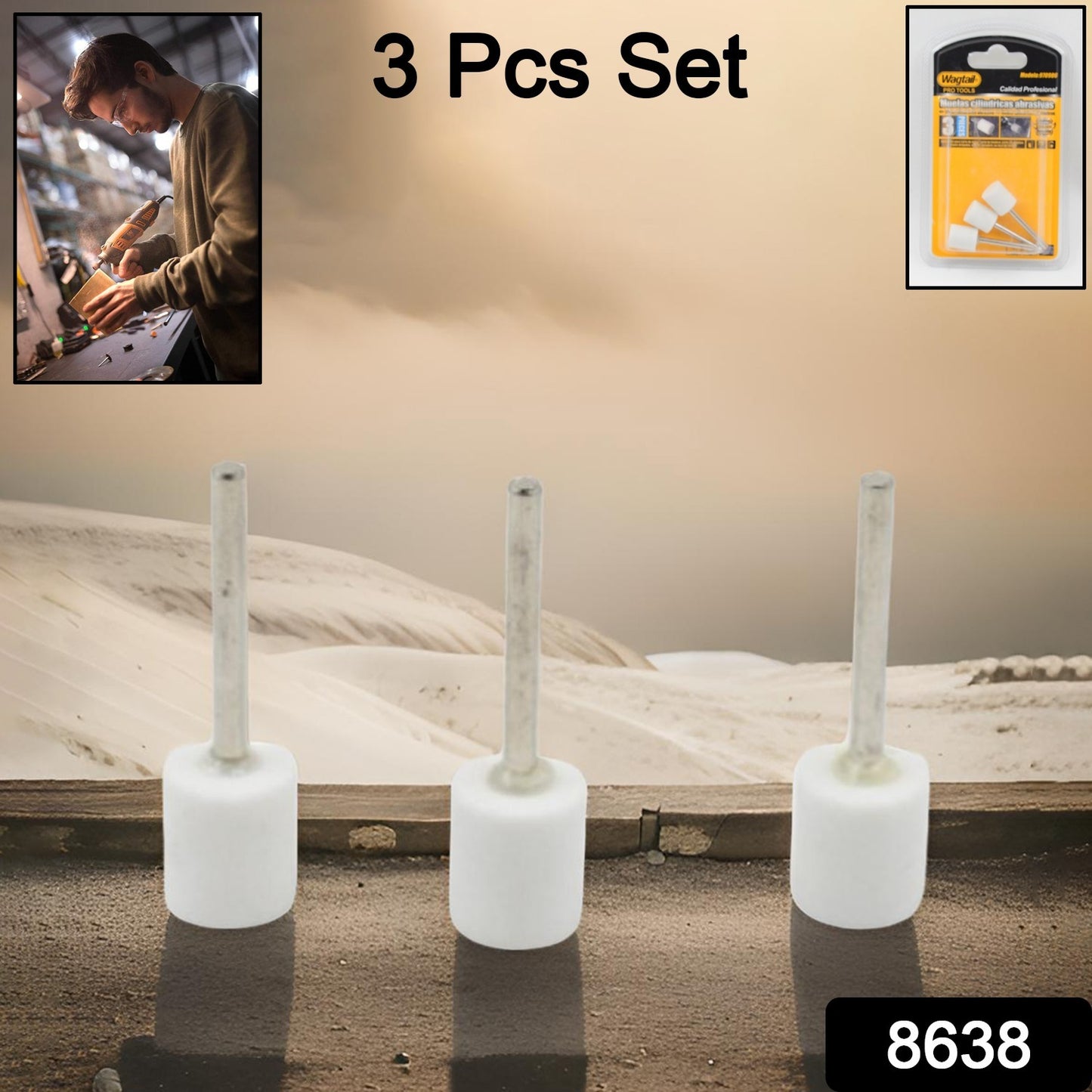 Set of three wool felt mounted polishing bits from Wukusy, used for buffing and polishing hardware surfaces.