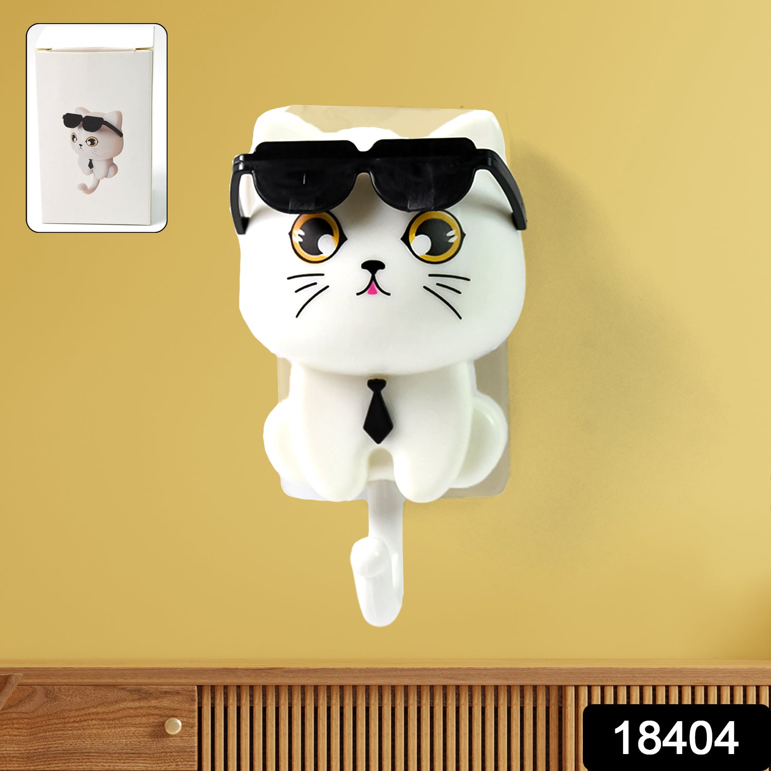 Wall-mounted cat-shaped key hook with sunglasses from Wukusy, cute home decor for organizing keys and small items.