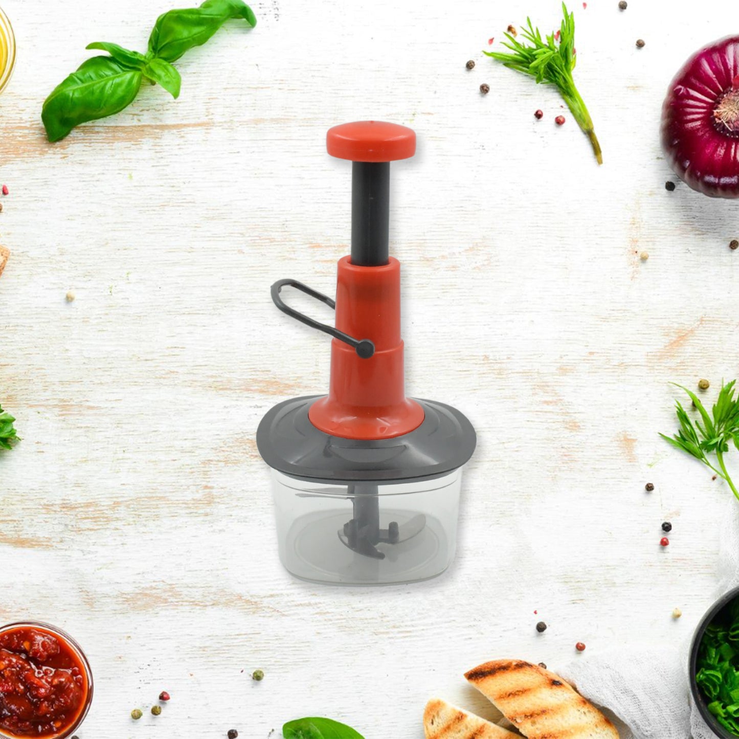 Wukusy 5790 manual fruit and vegetable chopper with 3 stainless steel blades, anti-slip base, and locking system in 650ml size