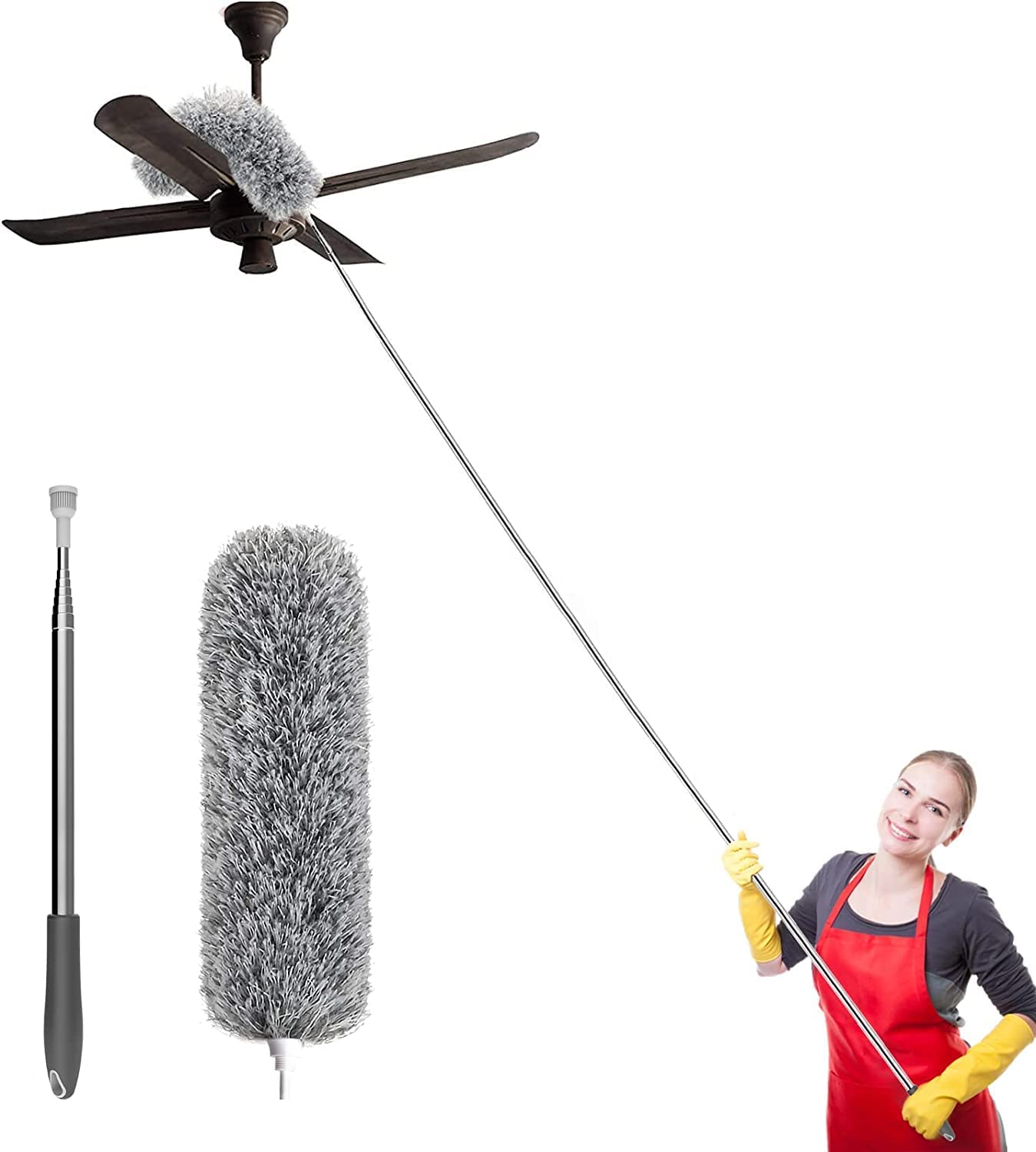FIZZI SHOP microfiber feather duster with bendable and extendable 100-inch handle for fan cleaning, lightweight and versatile.