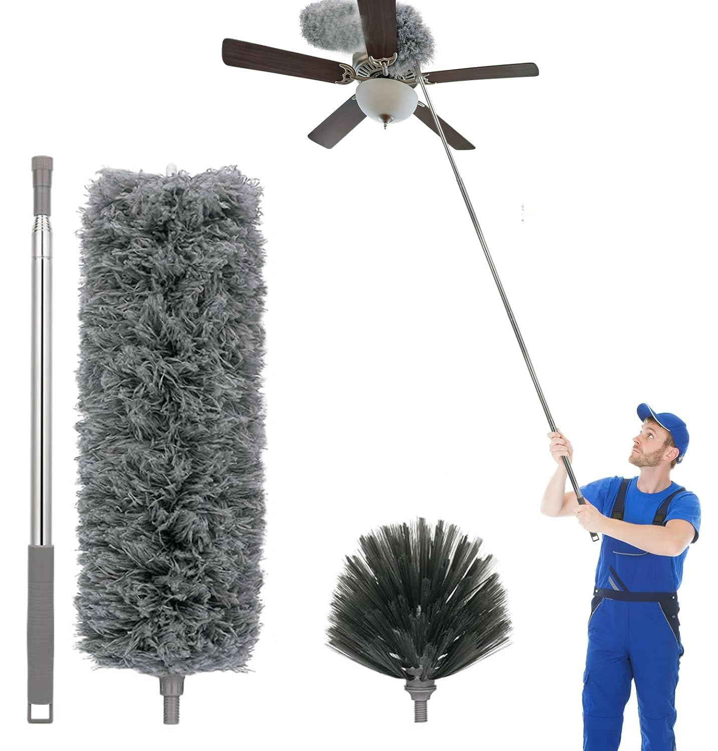 Grey FIZZI SHOP 2-in-1 microfiber feather ceiling duster with adjustable long handle for high roof cleaning and cobweb removal.