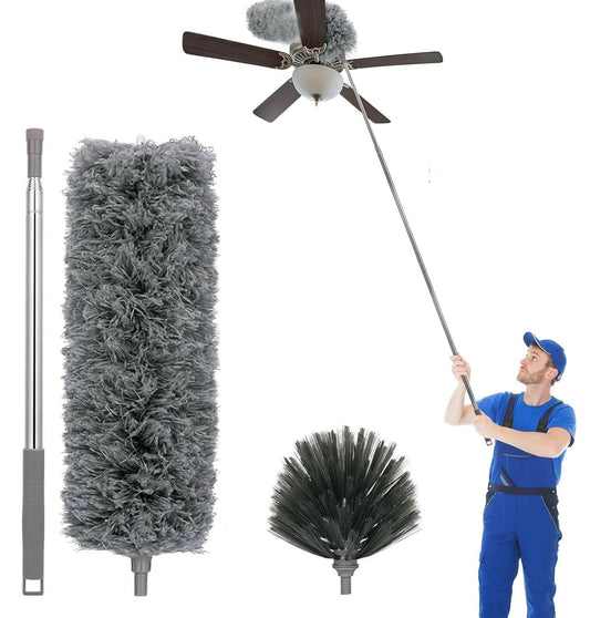 Grey FIZZI SHOP 2-in-1 microfiber feather ceiling duster with adjustable long handle for high roof cleaning and cobweb removal.