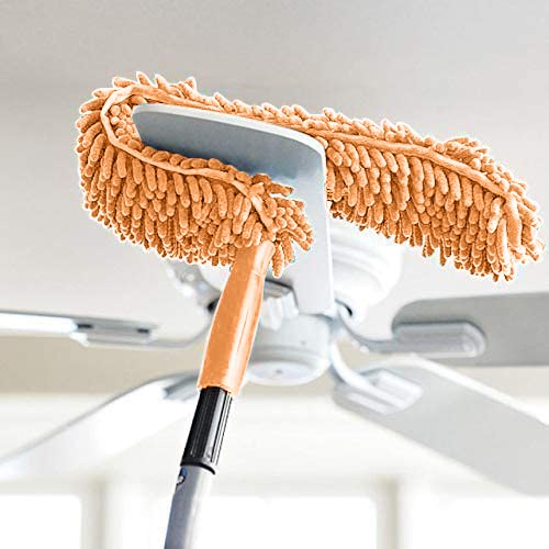 FIZZI SHOP orange stainless steel extendable telescopic fan cleaning duster with microfiber foldable mop head for home, kitchen, or car.