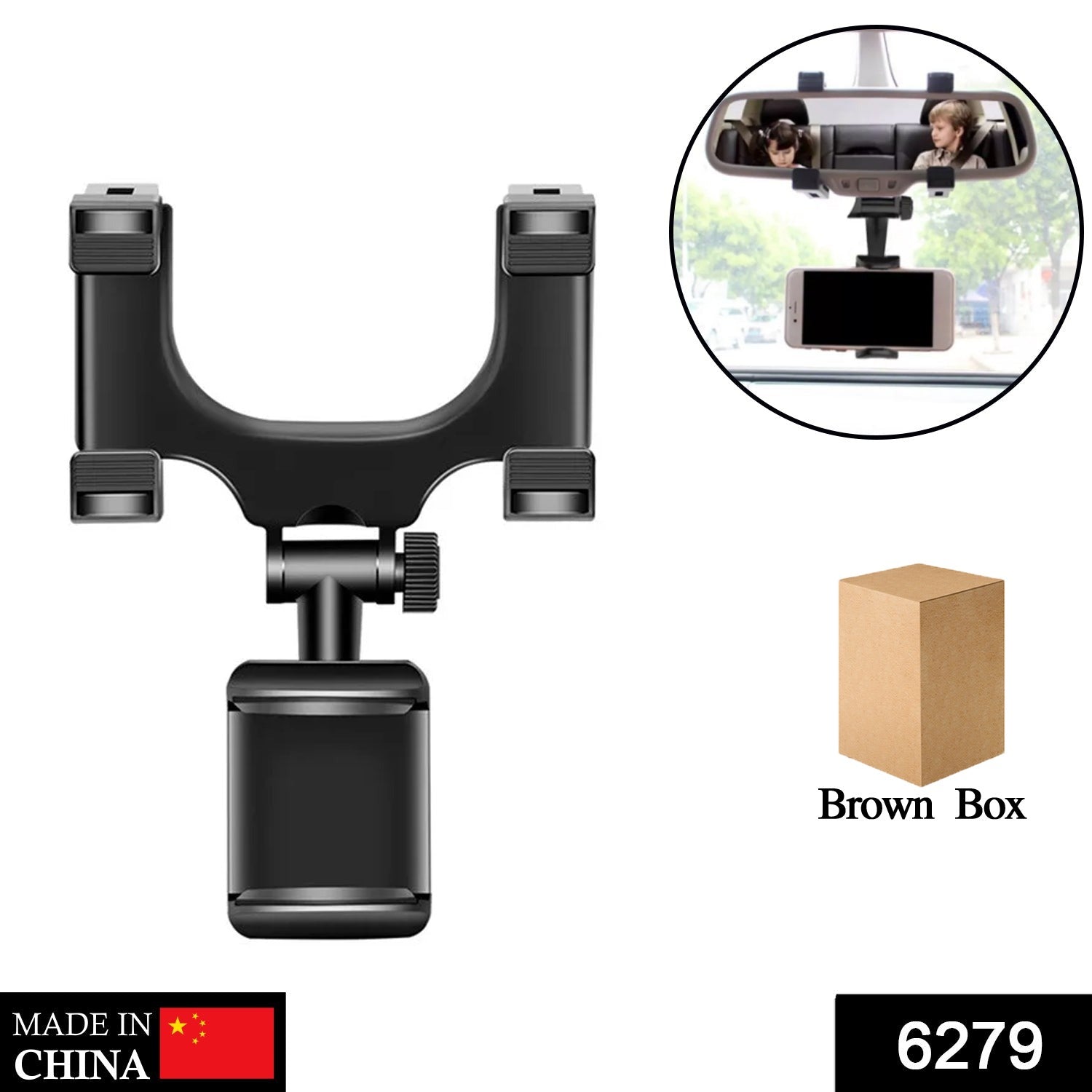 Wukusy rear view mobile holder attached to vehicle mirror, holding a smartphone for hands-free use while driving.