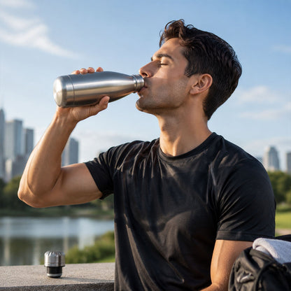 Wukusy stainless steel leak-proof water bottle, 500ml, suitable for gym, school, and office, with a sleek silver design.