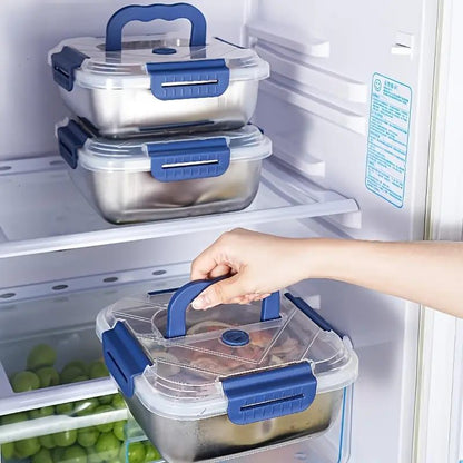 Food storage container with a blue handle, made by Drpshippr, featuring a clear body and secure lid for kitchen organization.