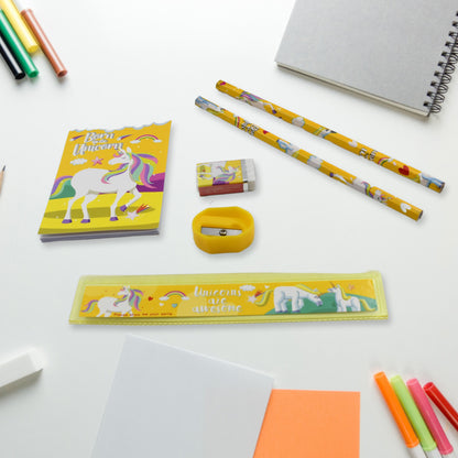 Wukusy 6-piece stationery set includes pencils, ruler, rubber eraser, and sharpener, ideal for school or office use