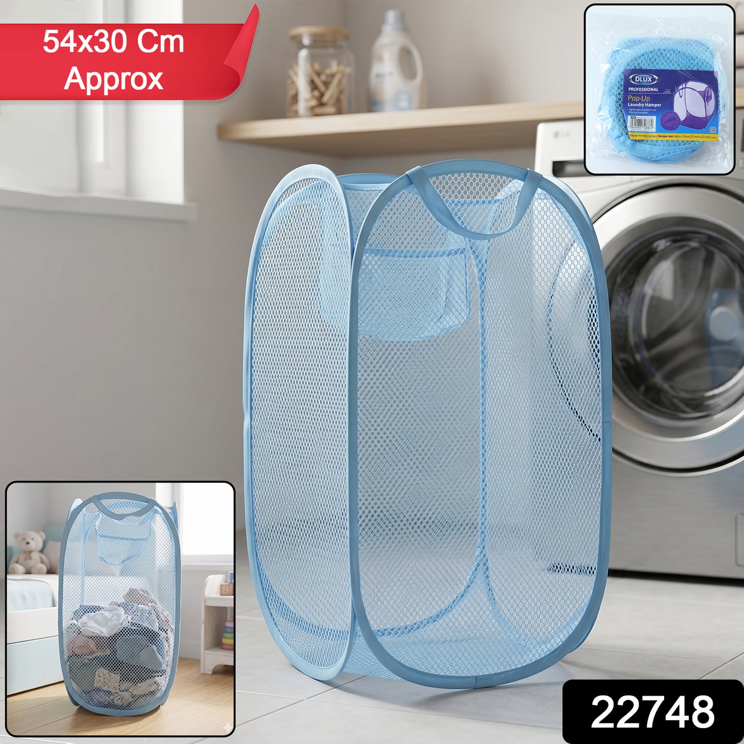 Large mesh pop-up laundry basket by Wukusy, 54x30cm, with breathable mesh fabric for clothes storage and easy transport.