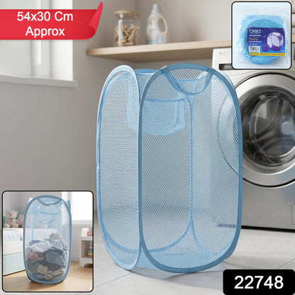 Large mesh pop-up laundry basket by Wukusy, 54x30cm, with breathable mesh fabric for clothes storage and easy transport.