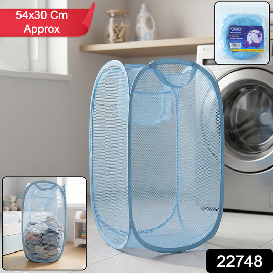 Large mesh pop-up laundry basket by Wukusy, 54x30cm, with breathable mesh fabric for clothes storage and easy transport.