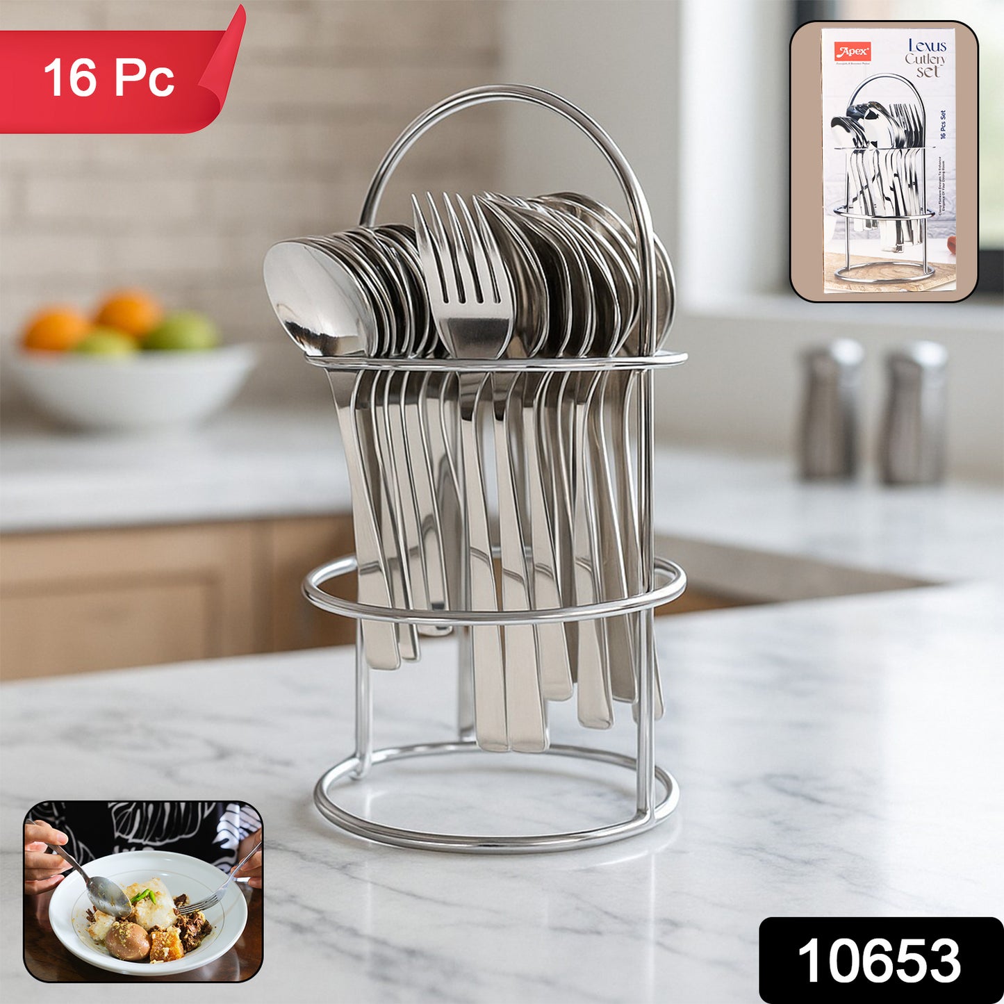 Wukusy Apex Premium Stainless Steel Cutlery 16-piece set including forks, knives, and spoons for home and kitchen use.