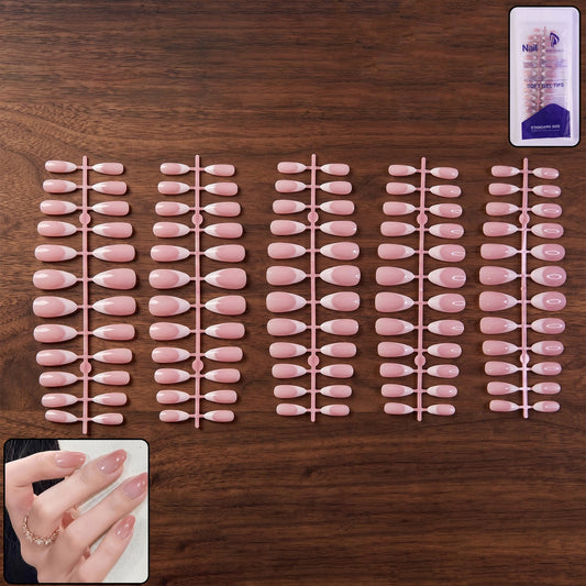 Wukusy artificial nail tips set with elegant French manicure design, perfect for professional or home use.