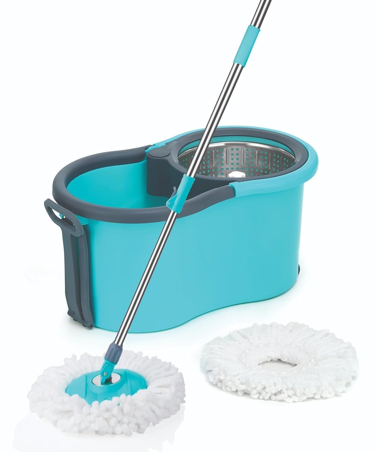FIZZI SHOP Seasons mop with wheels and stainless steel wringer for efficient floor cleaning, shown with mop and wringer in use.
